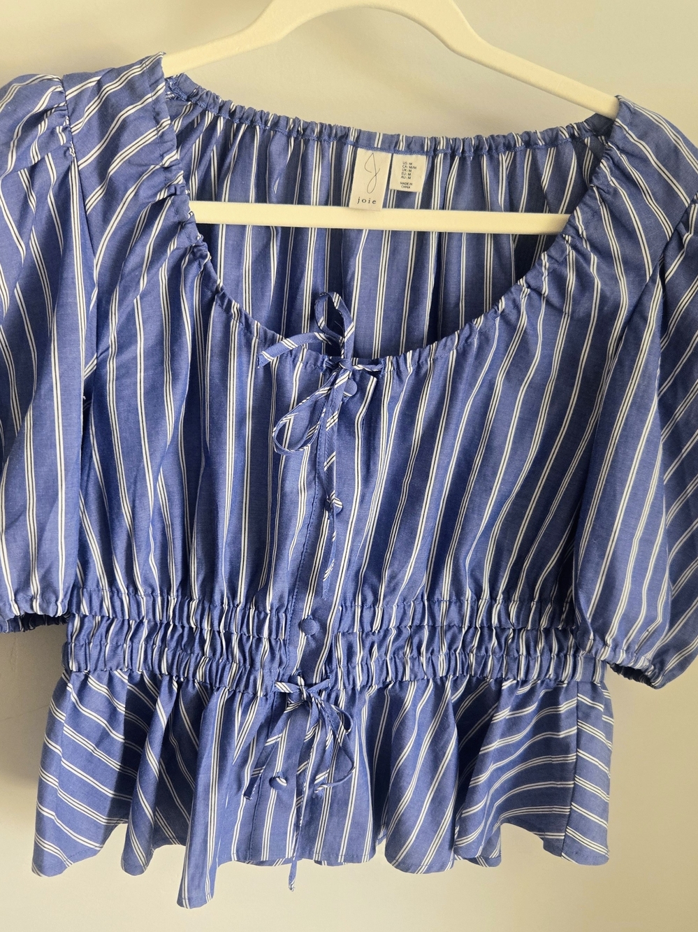 Joie Blue White Stripe Peplum Blouse Medium Puff Sleeve Tie Front Top